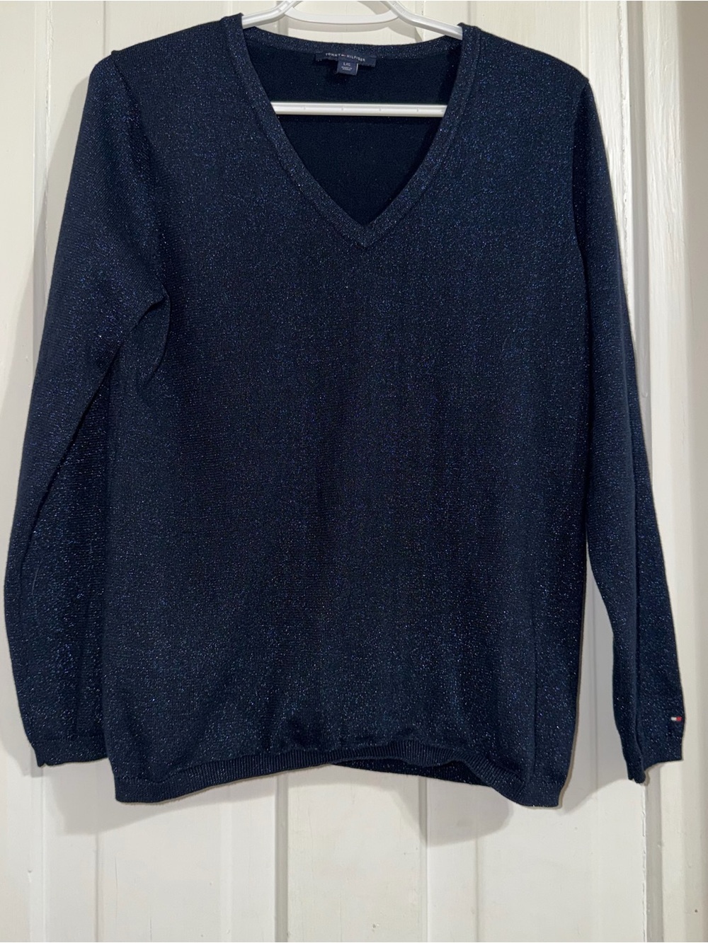 VTG Tommy Hilfiger women's size large Navy V-Neck Sparkle‎ Sweater top